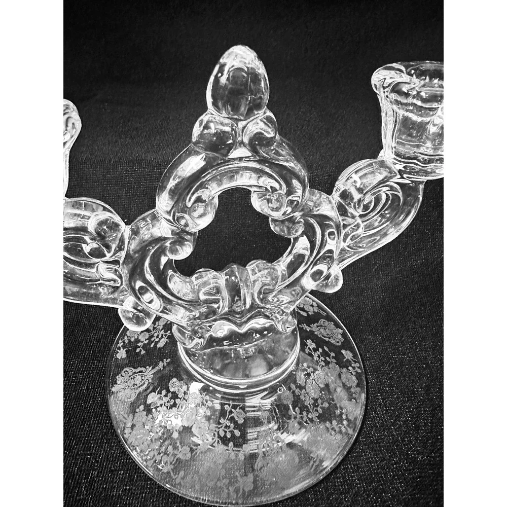 2 Cambridge Rose Point 2 Lite Candle Holder Keyhole Etched Glass Pair Candelabra